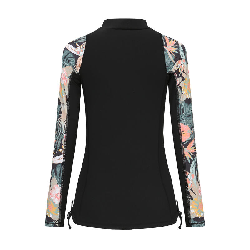 Women's long sleeve t-shirt UV-protection surf top 500 BLK/PRINT