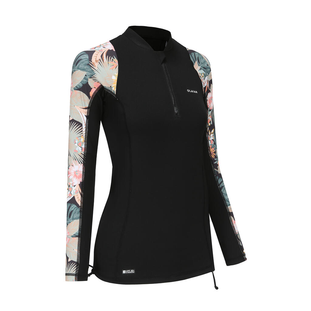 tee-shirt anti UV surf top 500 manches longues femme BLK/PRINT