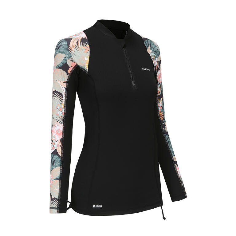 Kaos Lengan Panjang Anti-UV Wanita Surf Top 500 - PUTIH/MOTIF