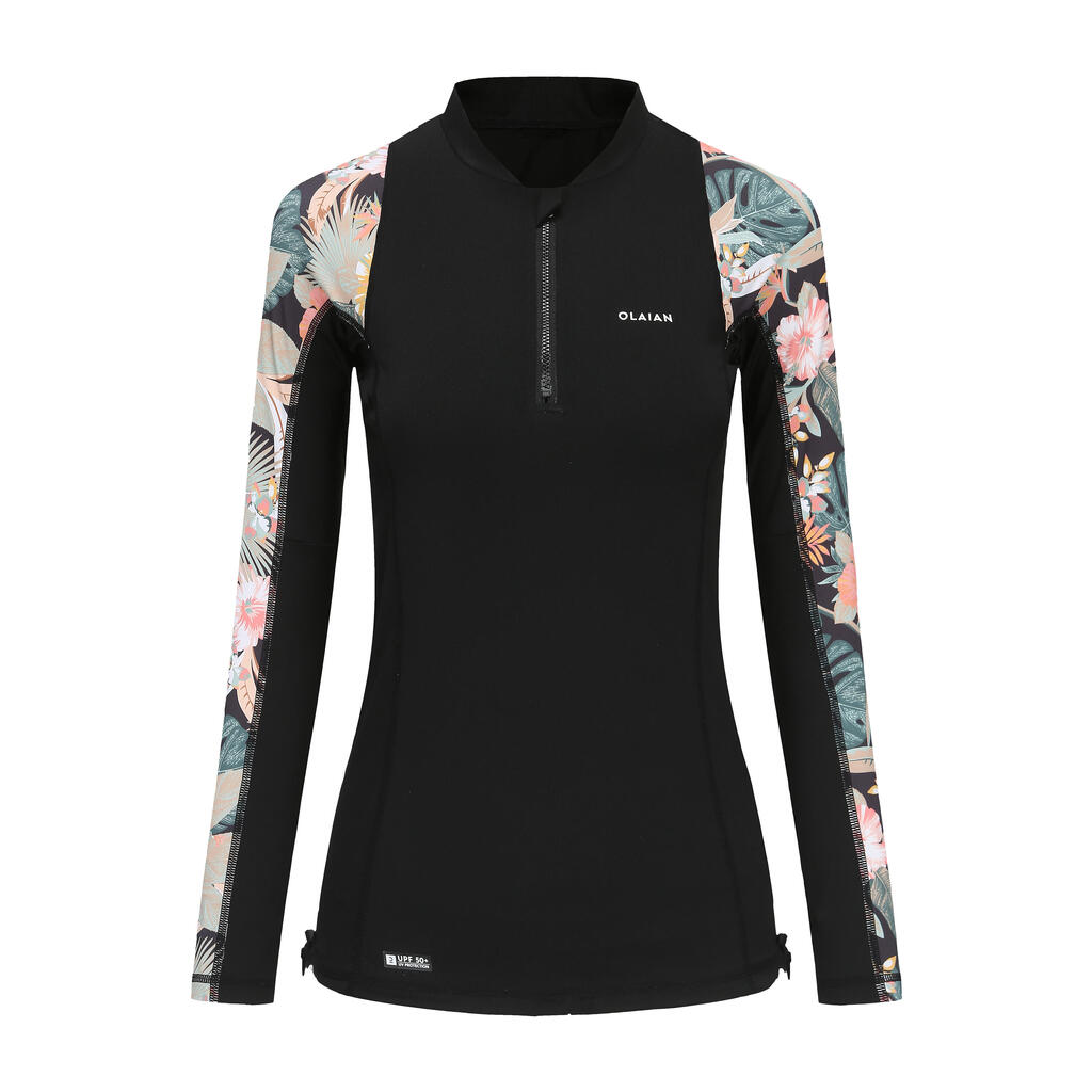 tee-shirt anti UV surf top 500 manches longues femme BLK/PRINT