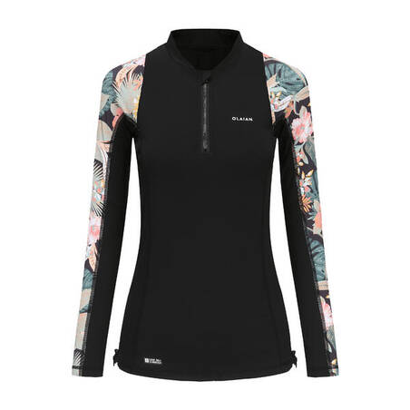 Women's long sleeve t-shirt UV-protection surf top 500 BLK/PRINT