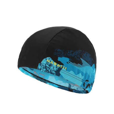 Črno-modra kamuflažna mrežasta plavalna kapa s potiskom