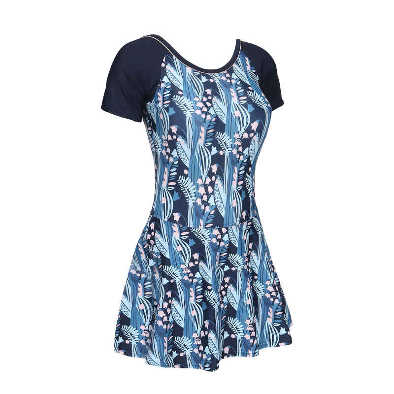 Women's Una one-piece short-sleeved swimsuit with skirt BLUE PRINT