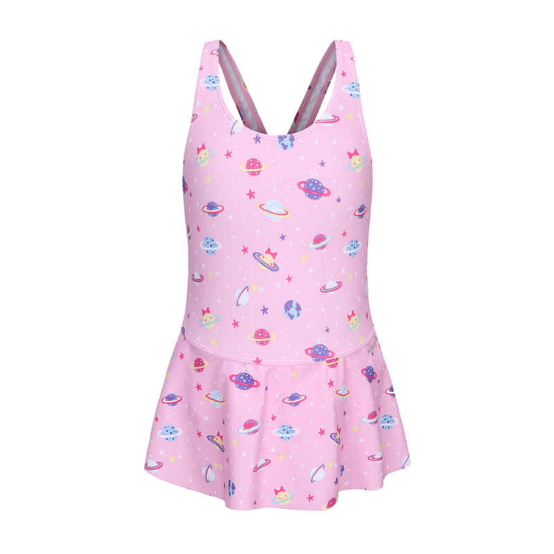 Girls' 1-piece swimsuit with skirt Vega Pink print