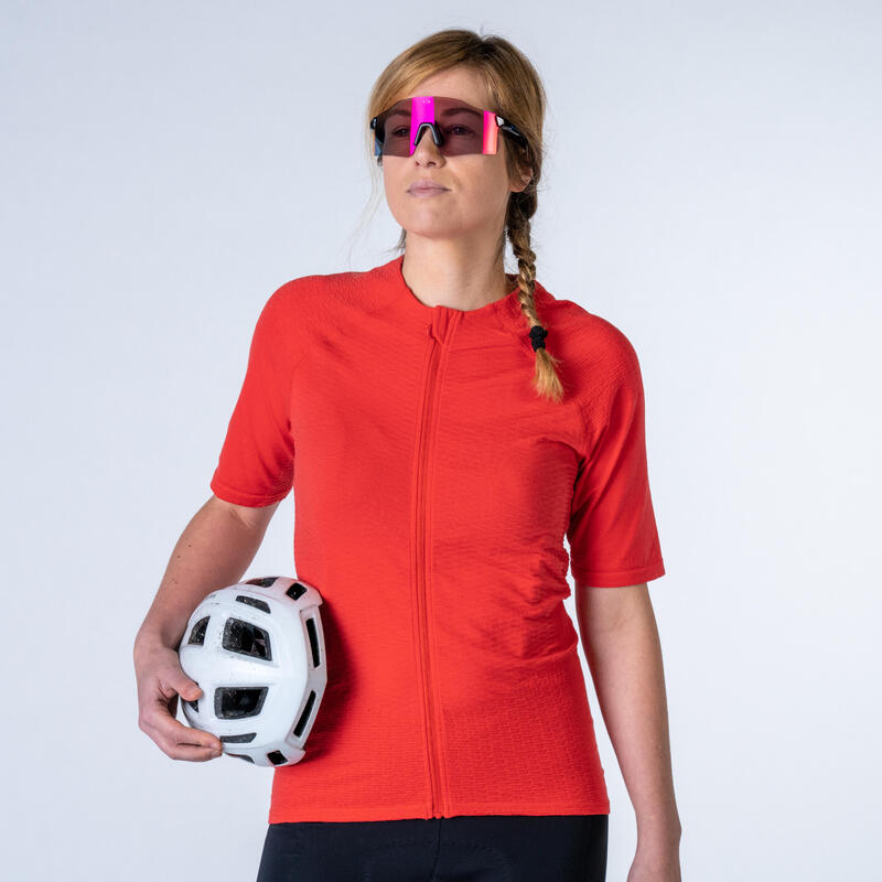 Dámský cyklistický dres GRVL900 s krátkými rukávy a 48% podílem merino vlny červený 