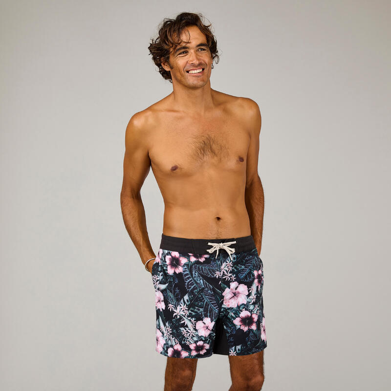 Erkek Orta 17" Deniz Şortu / Boardshort - Mercan Rengi Çiçekli - HIBISCO 500