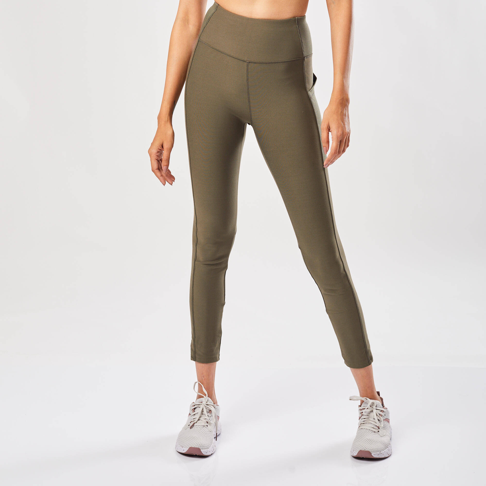 Women Gym Leggings Polyester With Phone Pocket - Khaki