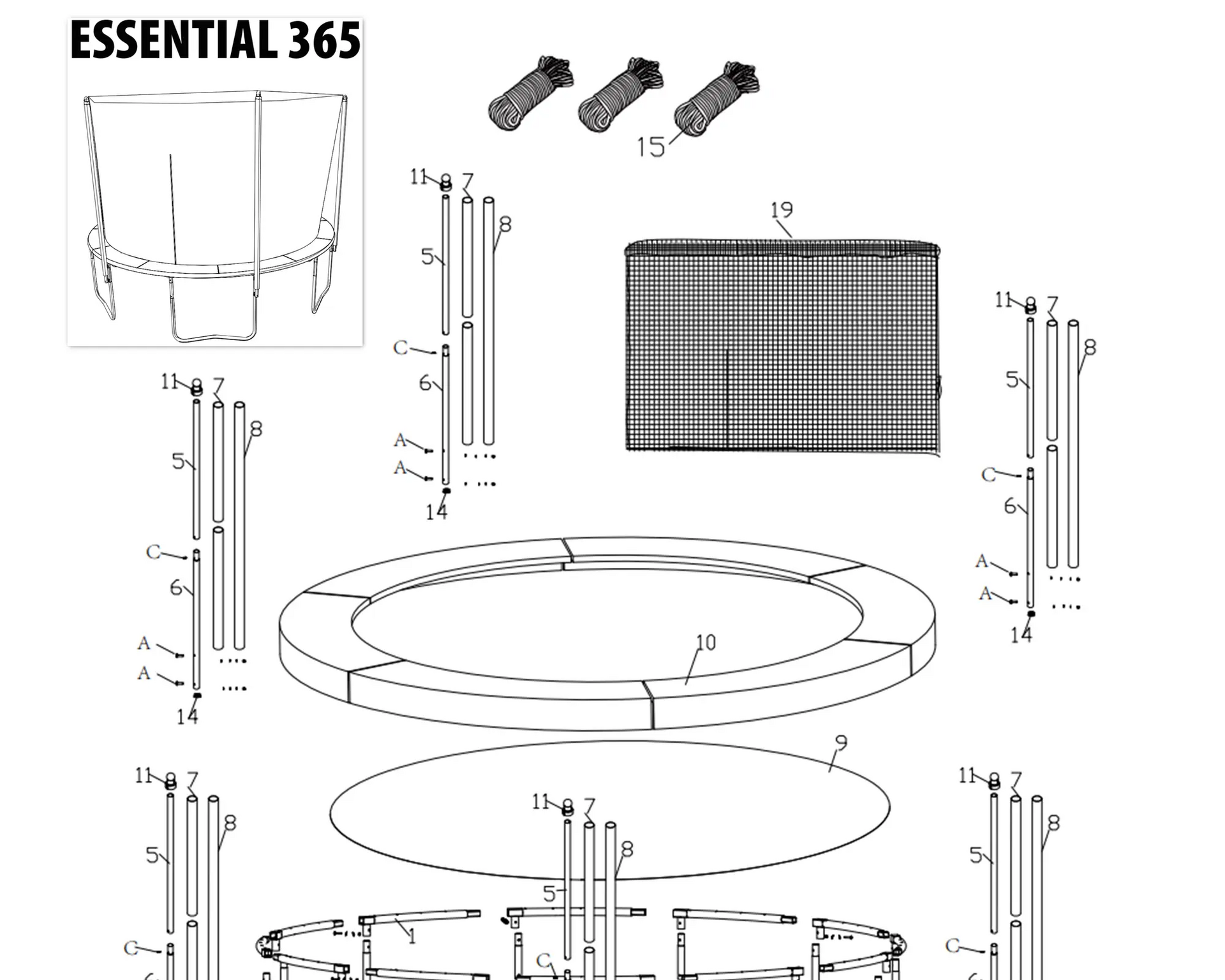 Trampolin ES 365 rund: Gebrauchsanleitung, Reparatur