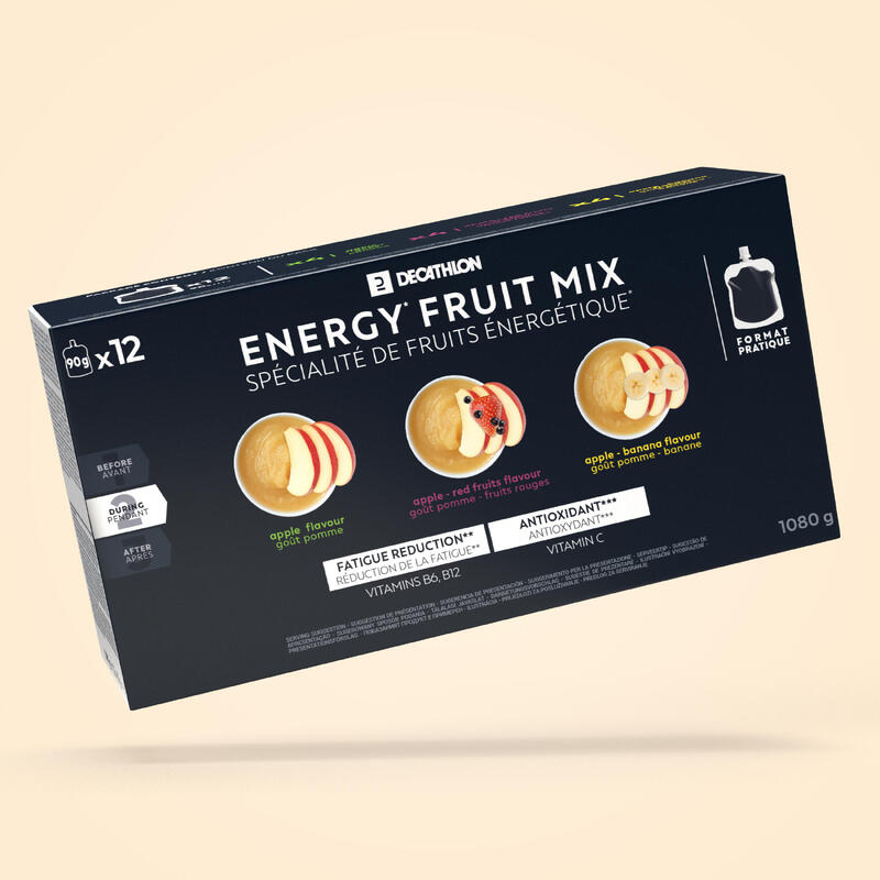Puré fruta energética 12x90g Maçã, Maçã-Banana, Maçã-Frutos Verm