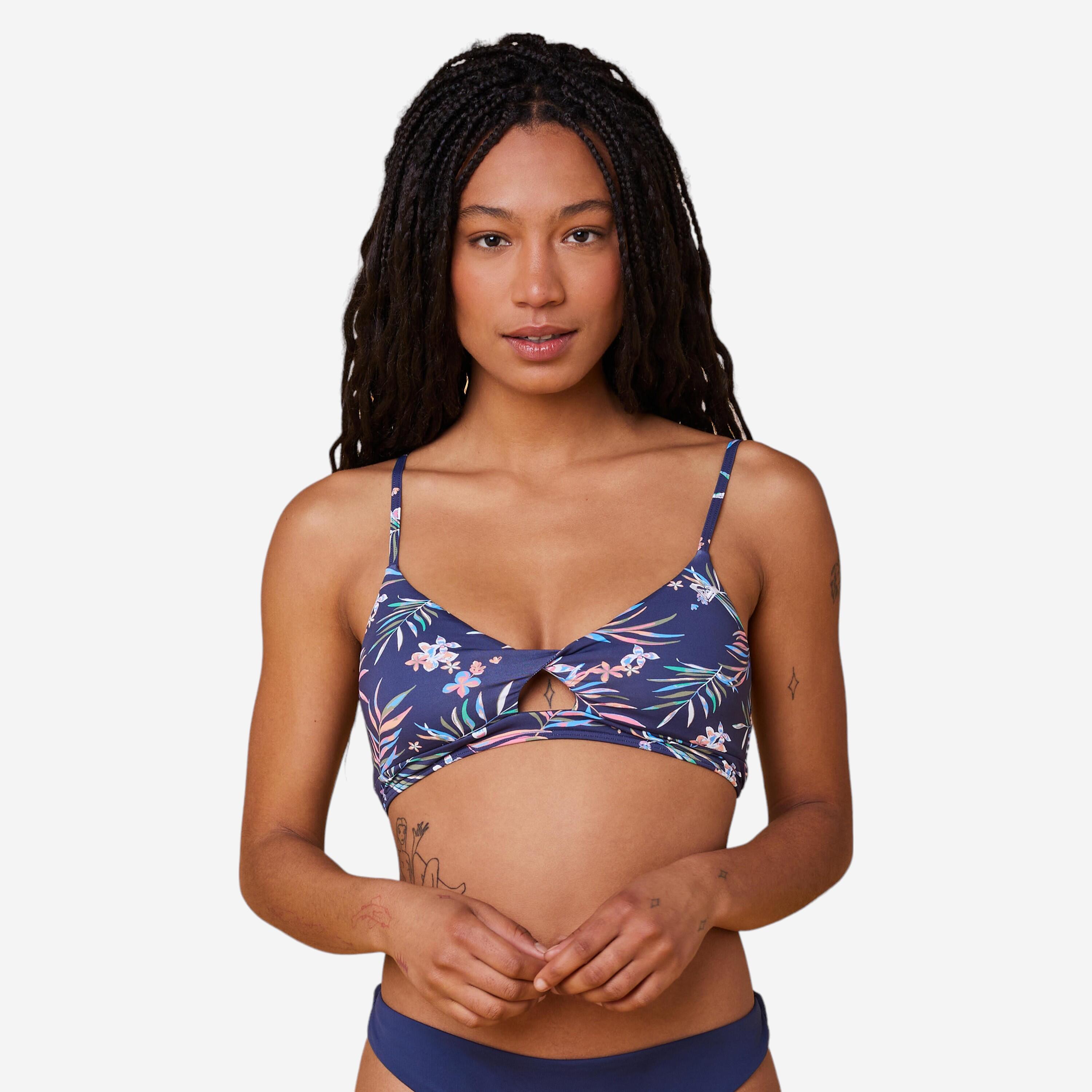 Top de bikíni de mulher, floral azul