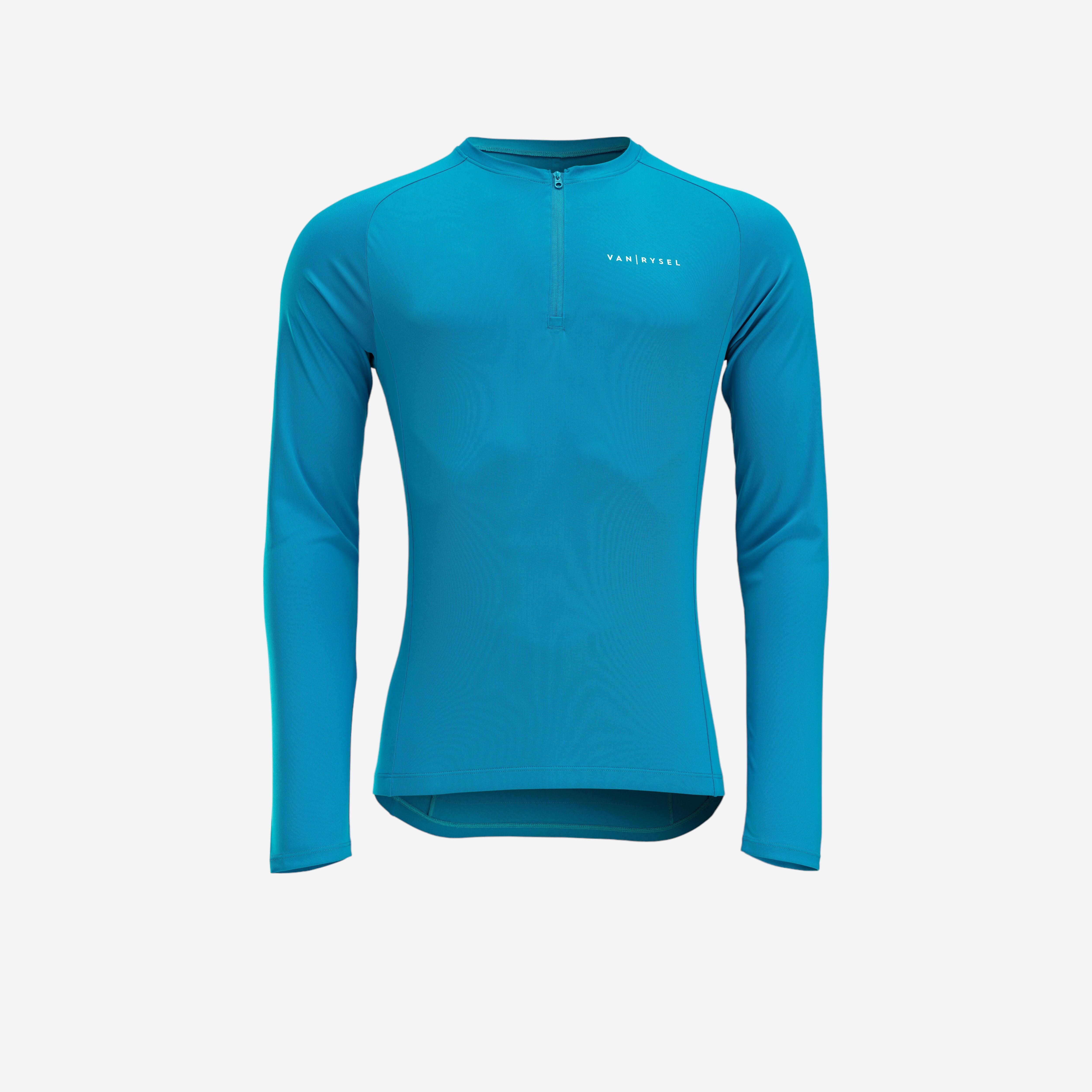 Men Road Cycling Long Sleeve Jersey Triban Essential UV Protection Light Blue