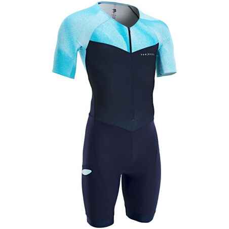 Vyriškas trumpų nuotolių triatlono kostiumas trumpomis rankovėmis, tamsiai mėlyna