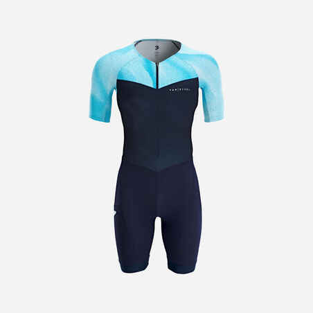 Vyriškas trumpų nuotolių triatlono kostiumas trumpomis rankovėmis, tamsiai mėlyna