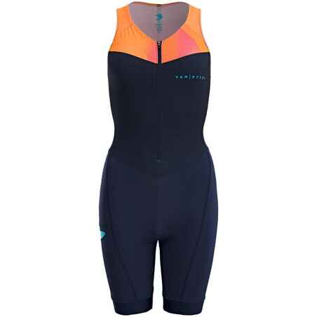 Trisuit de triatlón de corta distancia azul marino con naranja para mujer