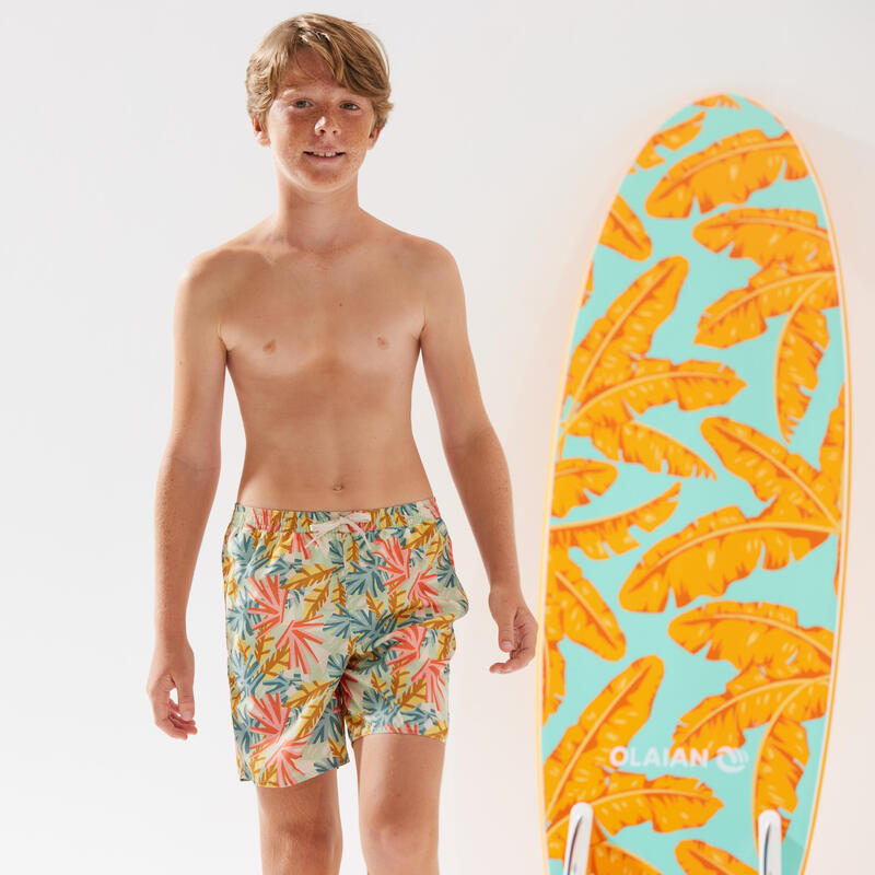 Calções de Surf 100 Rapaz Risca Caqui