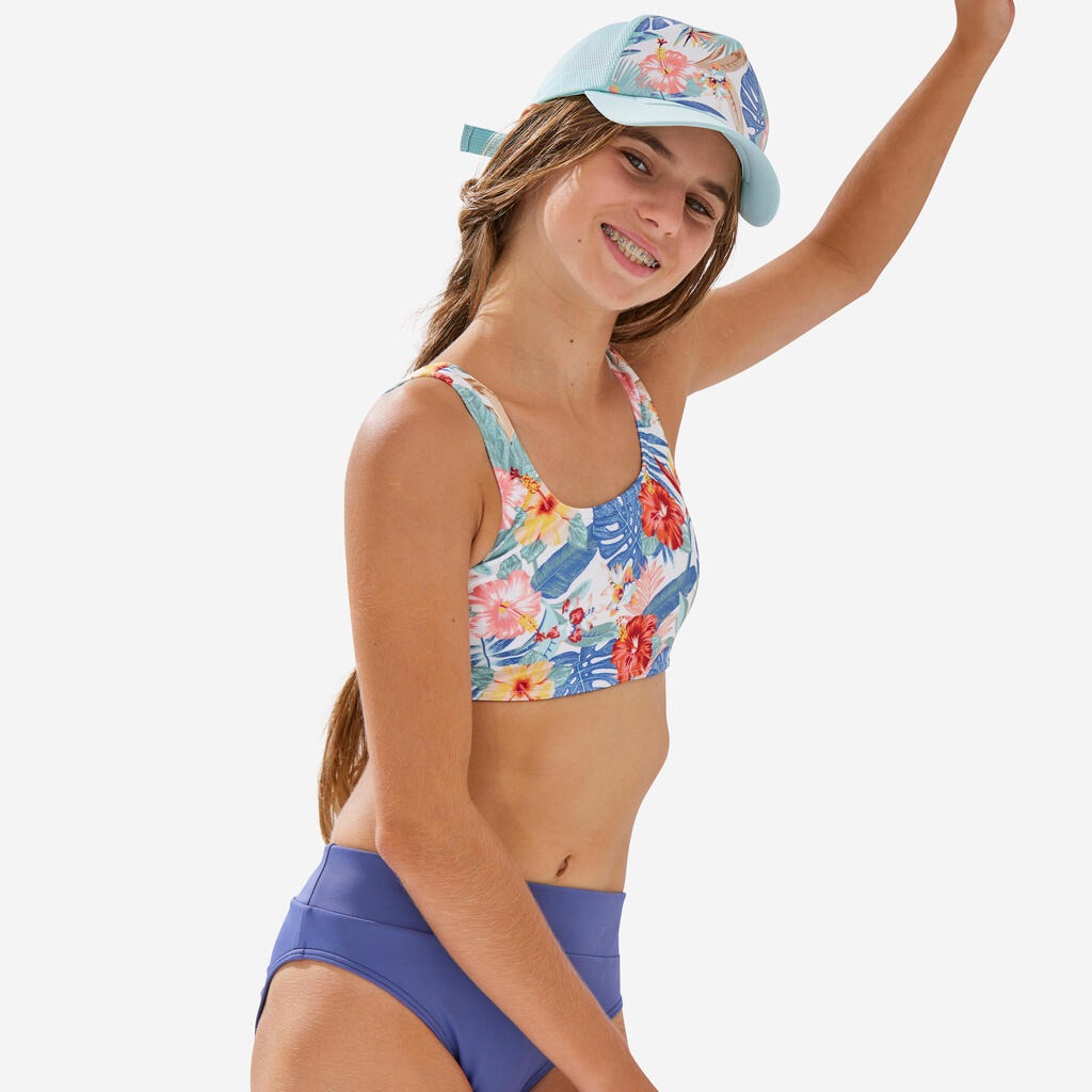 Girl's swimsuit crop top - 500 Lana rainbow stripes turquoise