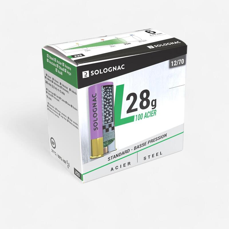 Cartucho Caza Solognac L100 28 g Cal 12/70 Baja Presión Perdigón Acero N° 4 x25