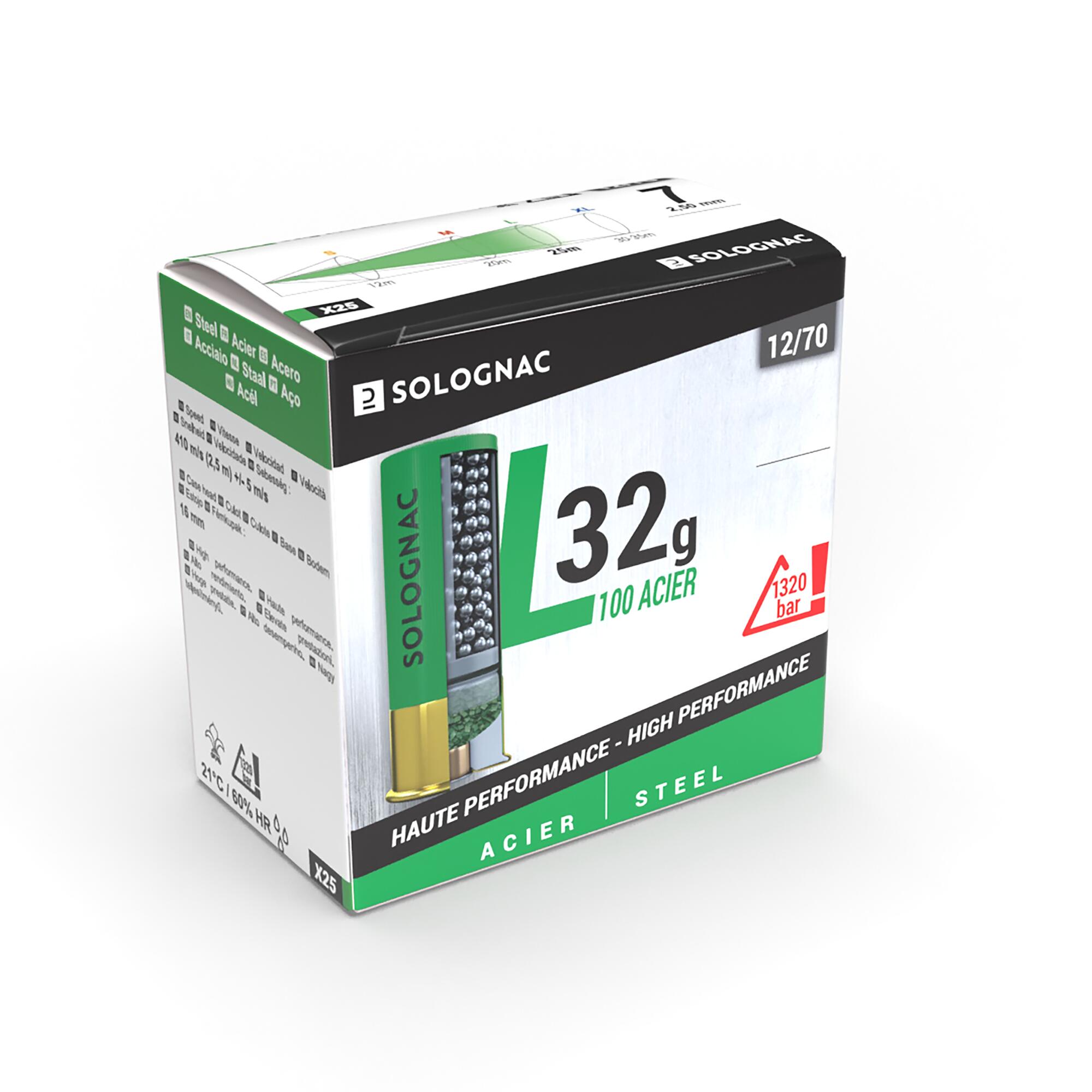 SOLOGNAC Cartucho Caza L100 Taco Degradable 32 g Calibre 12/70 Perdigón Acero N.º 4 x25