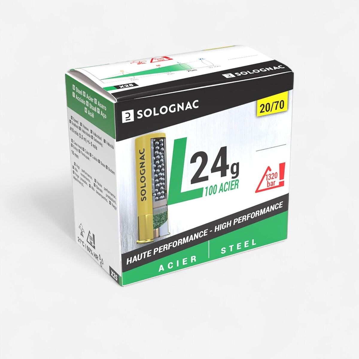 CARTOUCHE L100 24G HAUTE PRESSION CALIBRE 20/70 BILLE ACIER N°6X25