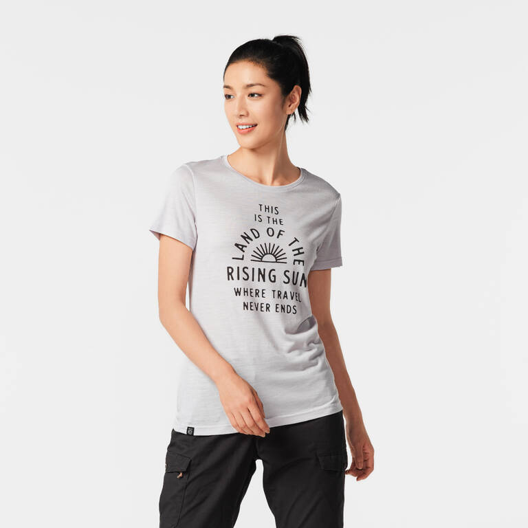 T-shirt Wanita Lengan Pendek Wol Hiking - TRAVEL 500