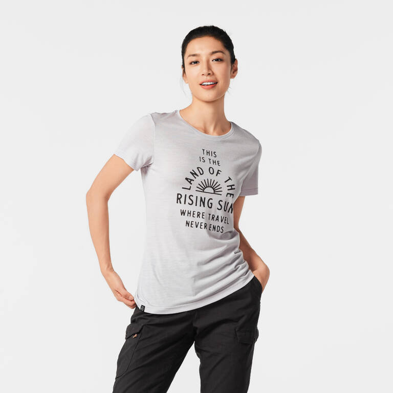 T-shirt Wanita Lengan Pendek Wol Hiking - TRAVEL 500
