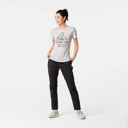 T-shirt Wanita Lengan Pendek Wol Hiking - TRAVEL 500