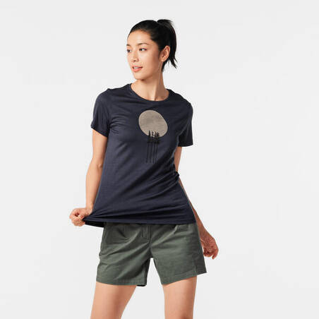 T-shirt Wanita Lengan Pendek Wol Hiking - TRAVEL 500
