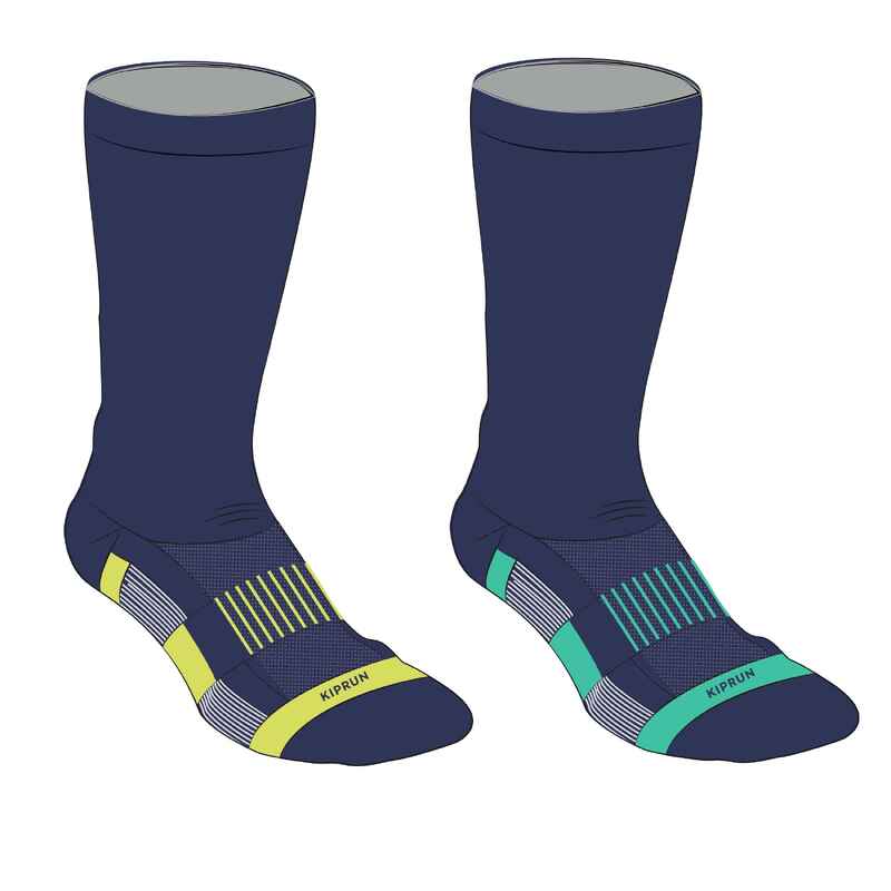 Kids' Running Socks AT 500 Comfort High 2-Pack - navy green-yellow