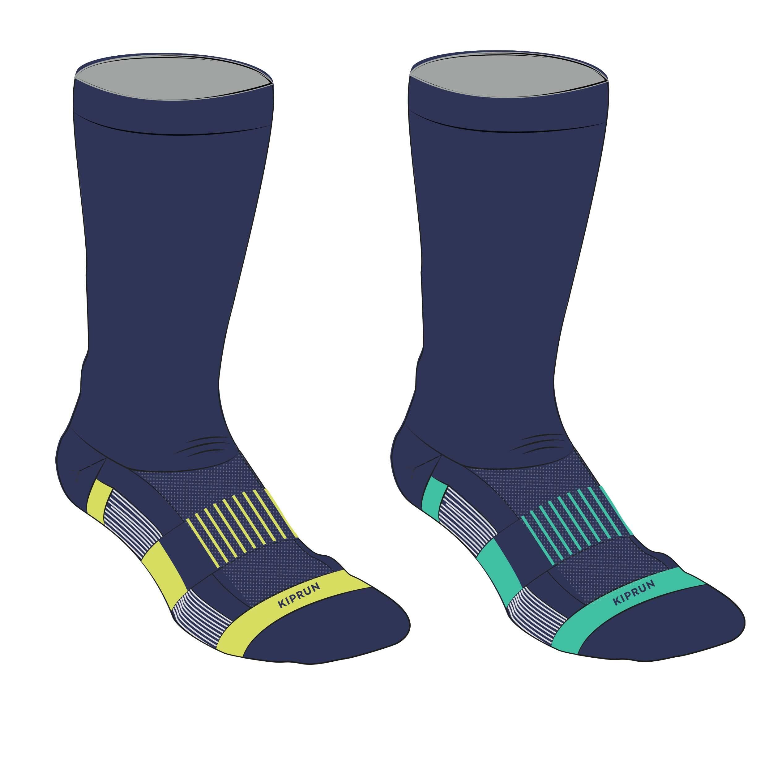 KIPRUN KIPRUN 500 UC kids' comfort running socks 2-pack - navy green-yellow