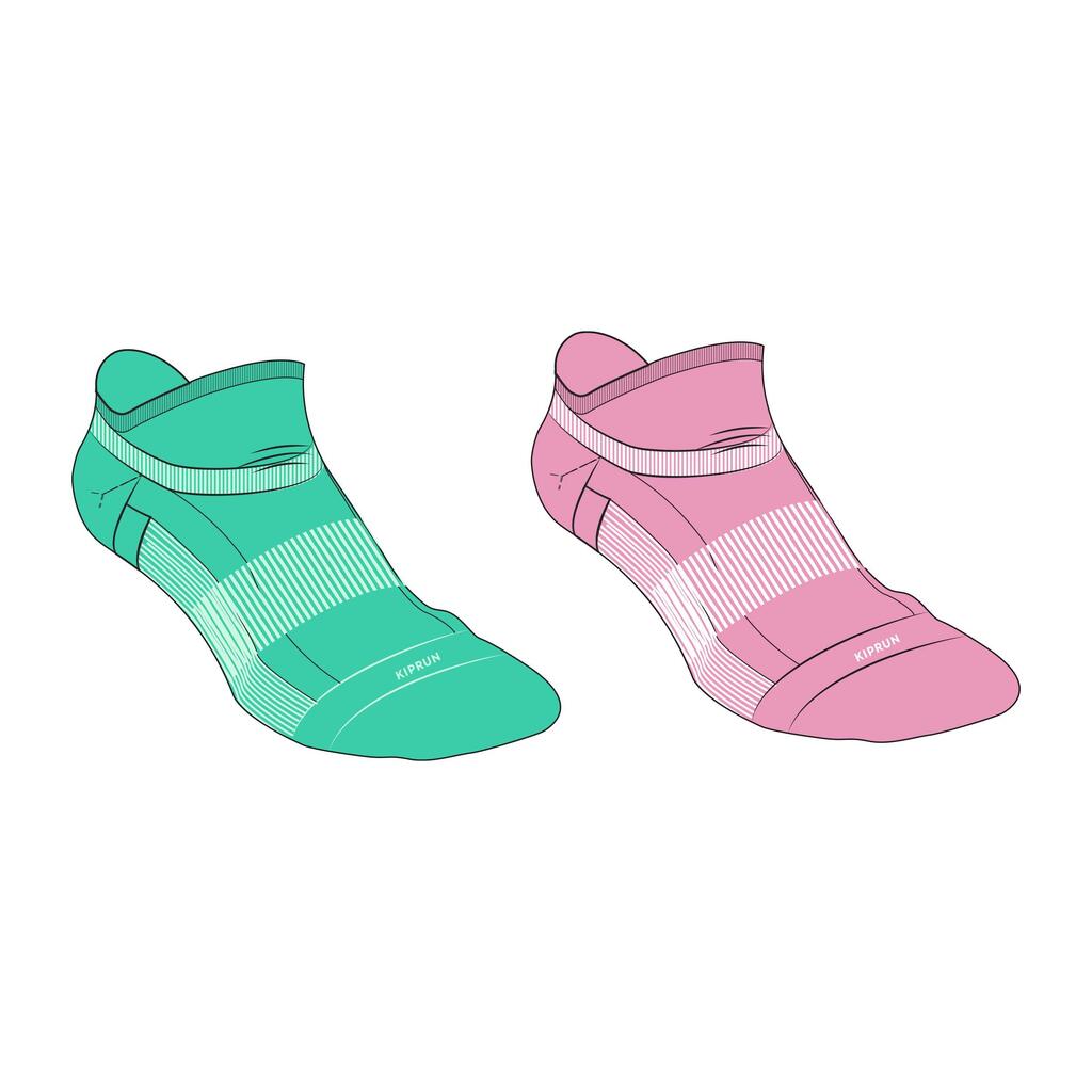 KIPRUN 500 low kids' comfort running socks 2-pack - green and pink