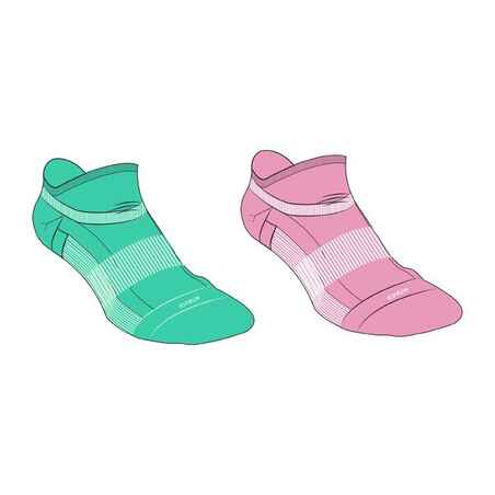 Čarape za trčanje dječje niske Kiprun 500 dva para zeleno-ružičaste