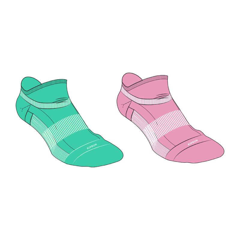 Conj.X2 meias de running conforto baixas Criança - KIPRUN 500 verde e rosa