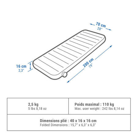 DUŠEK NA NADUVAVANJE ZA KAMPOVANJE AIR SECONDS COMFORT 70 CM ZA 1 OSOBU