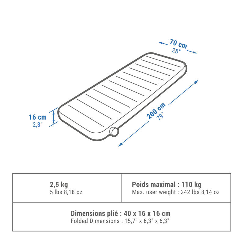 Colchón Hinchable de Camping 1 persona 200 x 70 CM Quechua Air Seconds Comfort