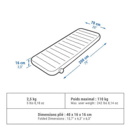 Vienvietis pripučiamas turistinis čiužinys „Air Seconds Comfort“, 70 cm