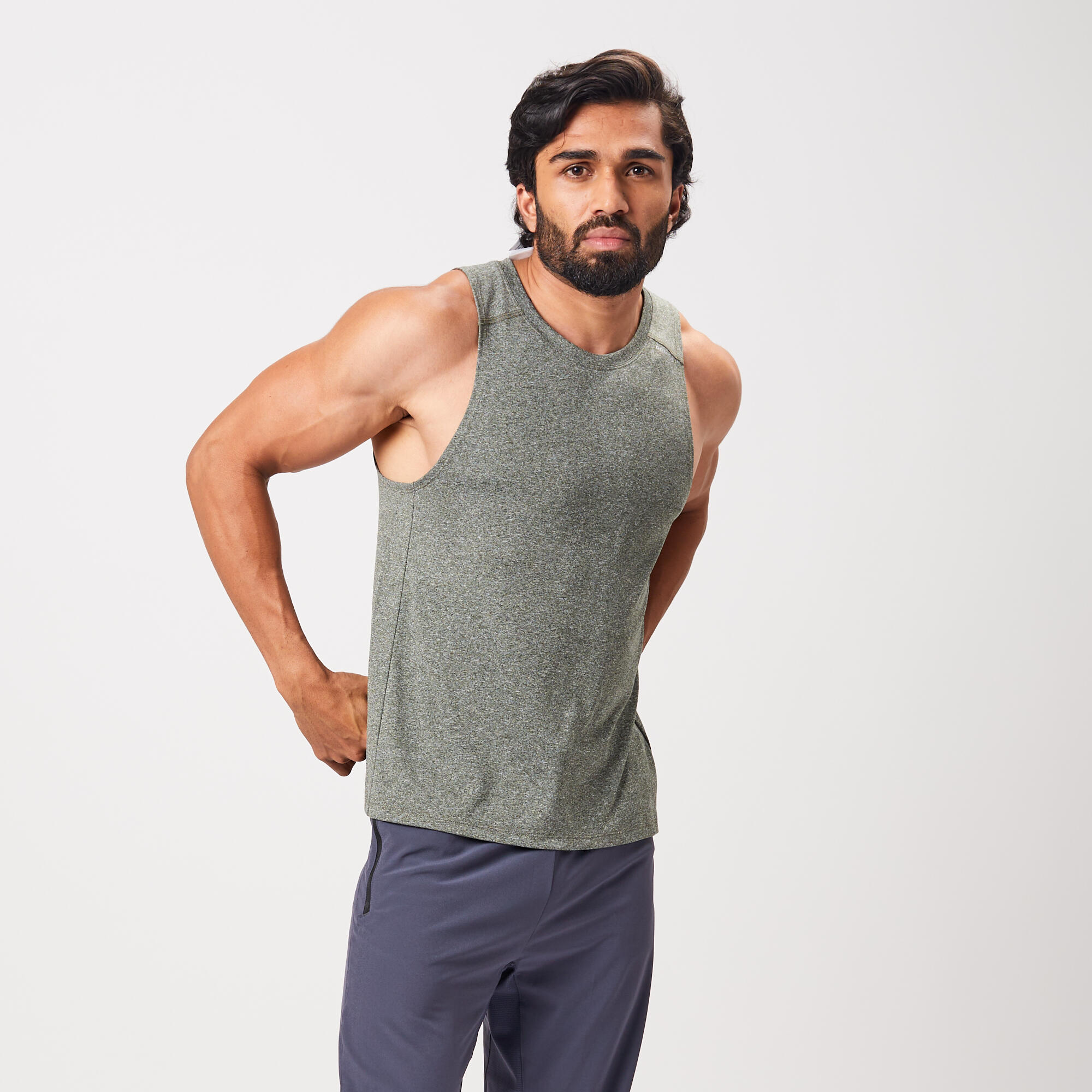 Men Polyester Slim-Fit Gym Tank Top - Khaki