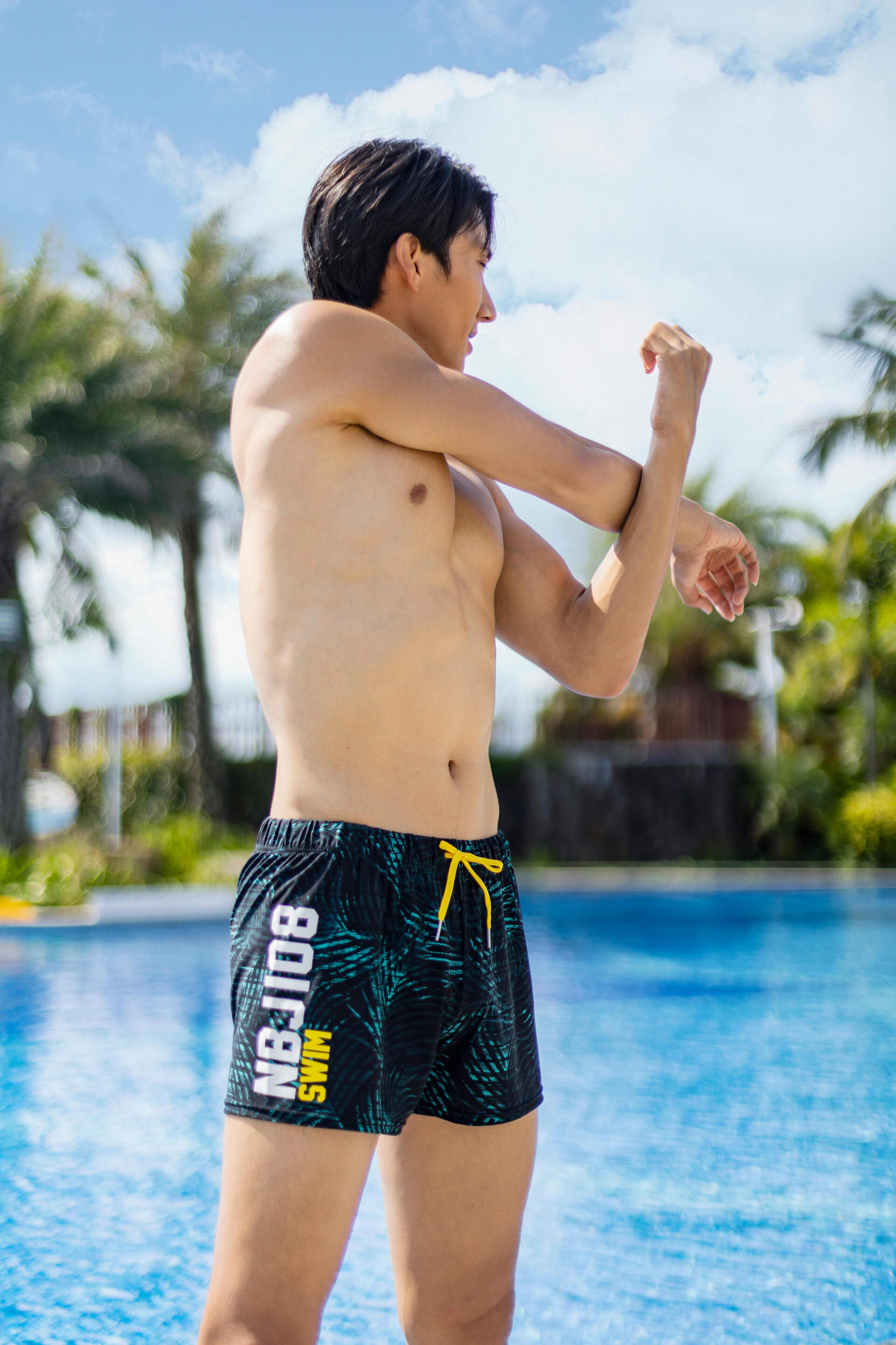 100 SHORT MEN'S SWIMMING SHORTS ALL BLACK PALM