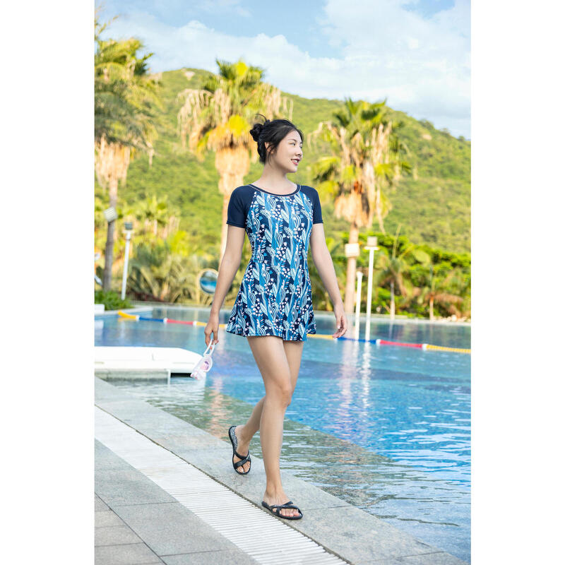 Women's Una one-piece short-sleeved swimsuit with skirt BLUE PRINT