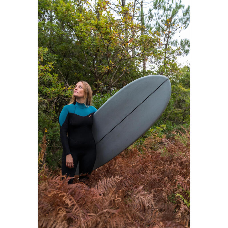 COMBINEZON DE SURF 500 4/3 FERMOAR SPATE NEGRU ȘI VERDE DAMĂ