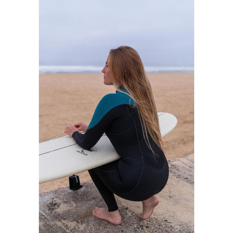 Wetsuit voor surfen dames 500 fullsuit 4/3 zwart en groen rugrits