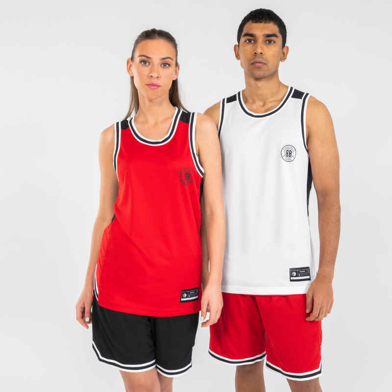 Ανδρική/γυναικεία αμάνικη φανέλα μπάσκετ διπλής όψης T500 - Λευκό/Κόκκινο