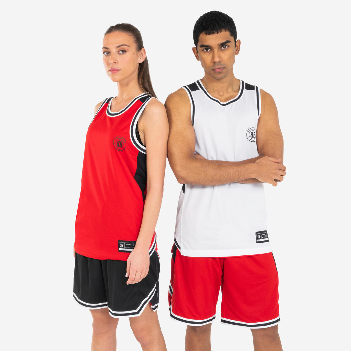 MAILLOT BASKETBALL SANS MANCHE REVERSIBLE HOMME/FEMME -  T500 BLANC ROUGE