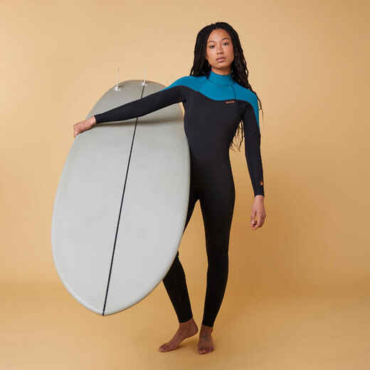 WOMEN'S WETSUIT SURF 500 4/3 BLACK AND GREEN BACKZIP