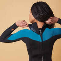 WOMEN'S WETSUIT SURF 500 4/3 BLACK AND GREEN BACKZIP