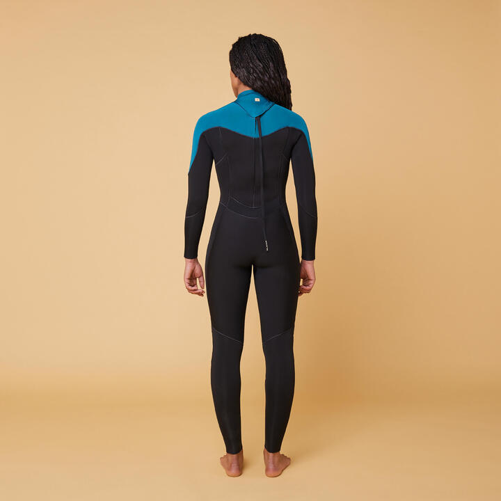 Wetsuit voor surfen dames 500 fullsuit 4/3 zwart en groen rugrits
