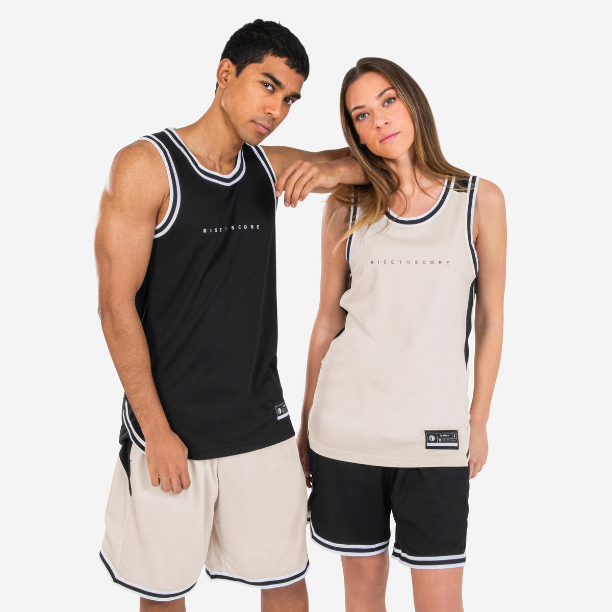 MAILLOT BASKETBALL SANS MANCHE REVERSIBLE HOMME/FEMME -  T500 NOIR BEIGE