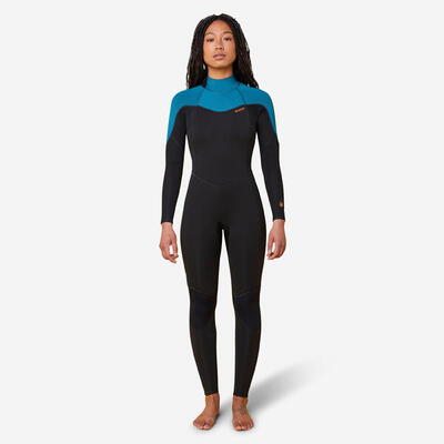Wetsuit voor surfen dames 500 fullsuit 4/3 zwart en groen rugrits