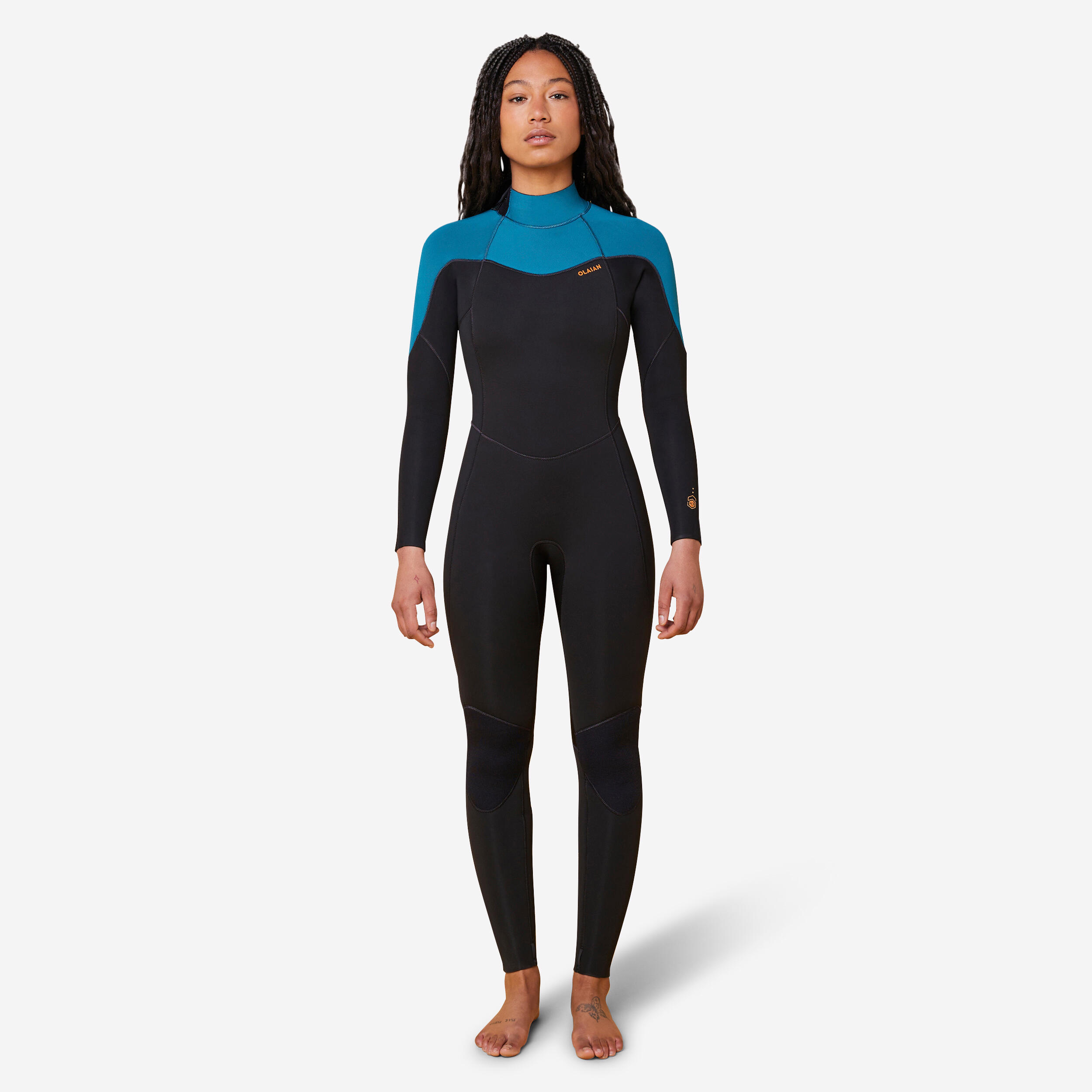 WOMEN'S WETSUIT SURF 500 4/3 BLACK AND GREEN BACKZIP 2/10