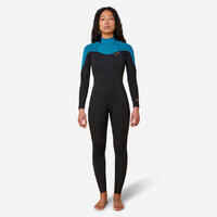 WOMEN'S WETSUIT SURF 500 4/3 BLACK AND GREEN BACKZIP