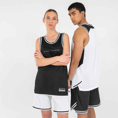 Suaugusiųjų dvipusiai berankoviai krepšinio marškinėliai „T500“, juodi, balti